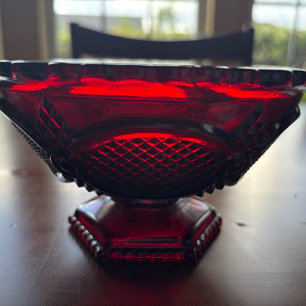 Avon Red Glass Art Bowl Intricate Design